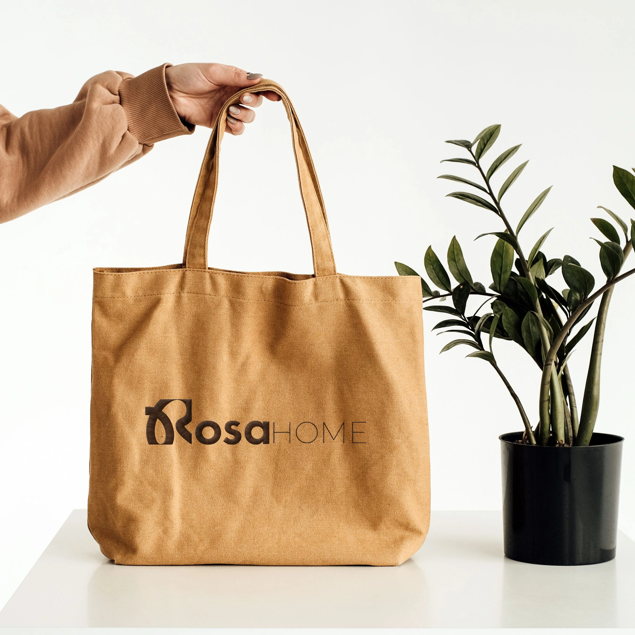 Bolsa de lona con Rosa Home bordado en hilo cacao